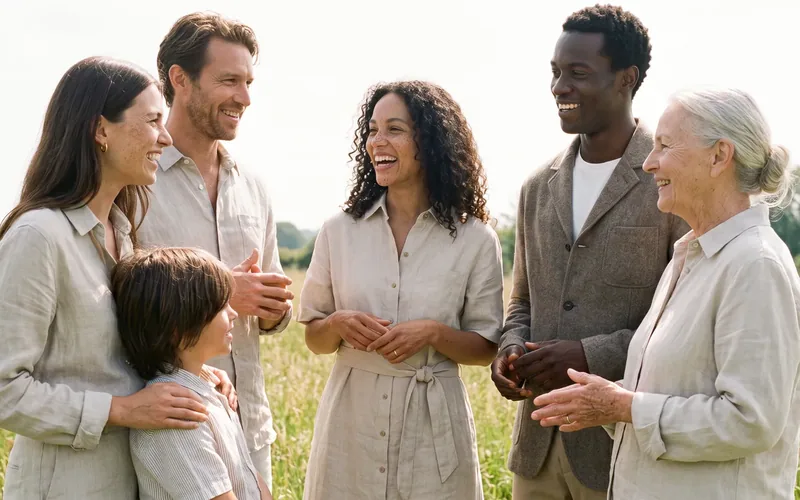A small group of people of different ages talking together outdoors