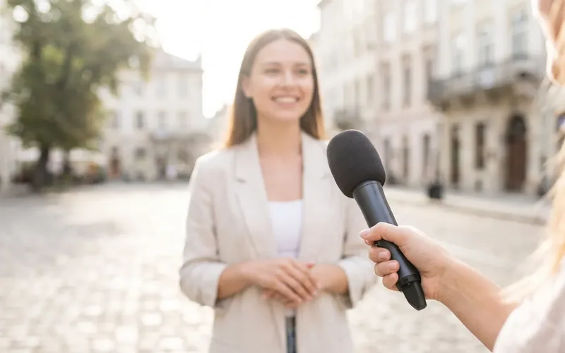 A hand holding a microphone out towards a person on a city street